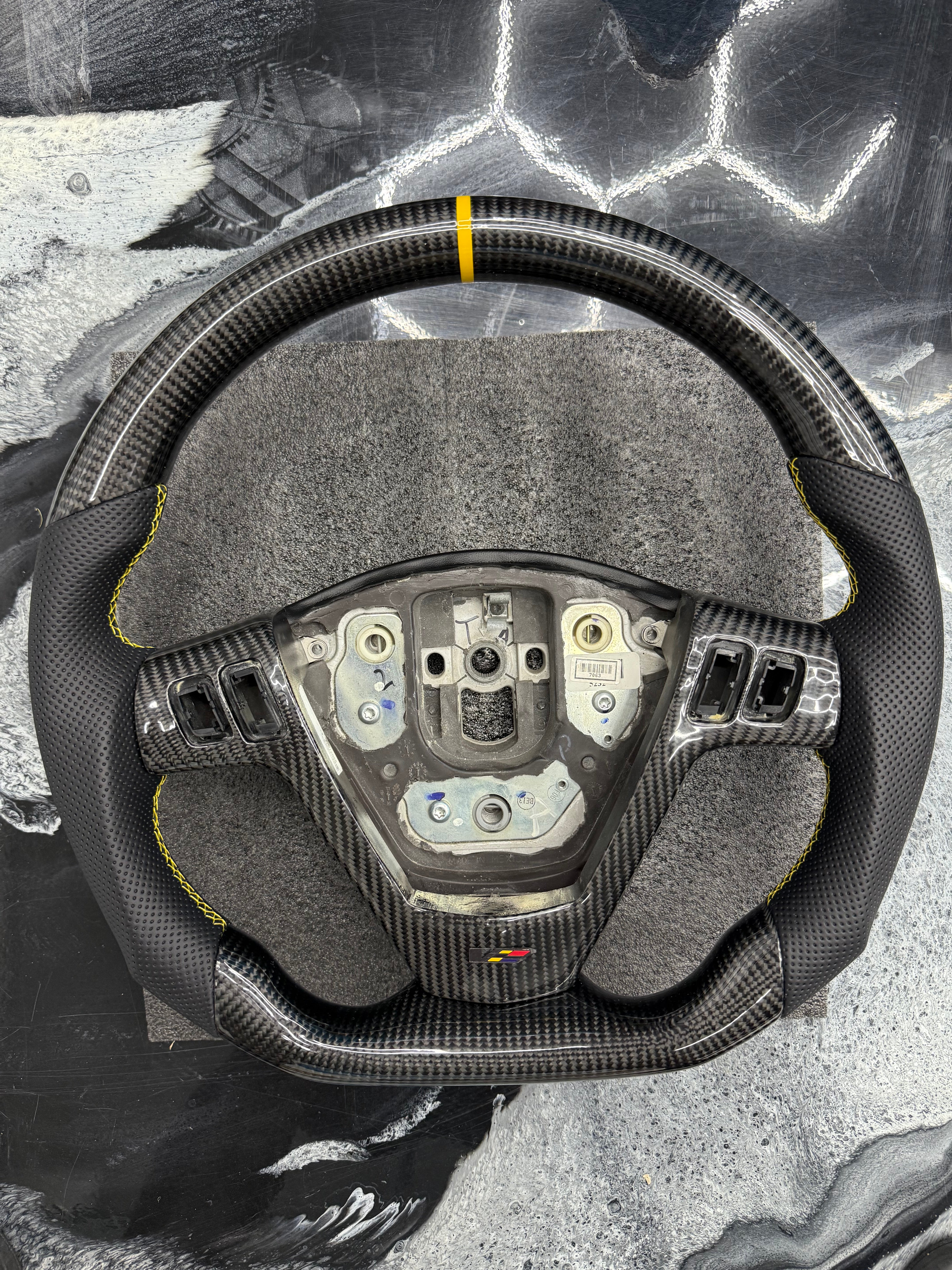 2003 - 2008 CTS, CTS-V V1 Custom Carbon Fiber Steering Wheel with Perforated Leather Hand Grips / Leather Rear Cover